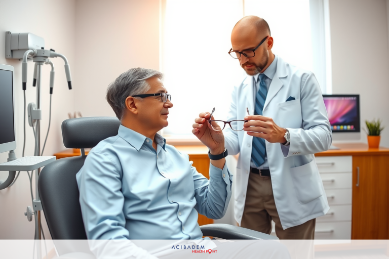 What Is the Oldest Age for Laser Eye Surgery? An elderly man sitting in a examination chair, receiving an eye exam from an optician. Both individuals wear professional attire indicative of their respective roles in the medical field.