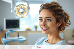 A cheerful doctor smiling at a patient, in a clean, modern doctor's office with medical equipment.
