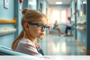 Girl wearing glasses sits in hospital room looking contemplative, with adults in background; blue walls and blinds, modern furniture.