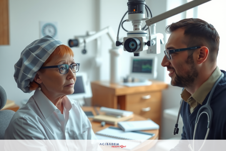 In a well-lit modern medical office, an older woman wearing glasses and a hat is seated, facing a doctor. She appears engaged in conversation with the doctor who stands to her side.