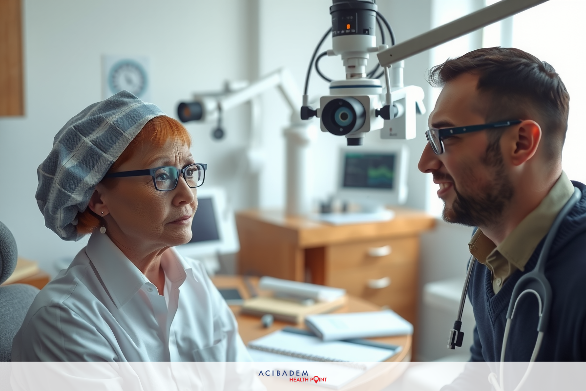 In a well-lit modern medical office, an older woman wearing glasses and a hat is seated, facing a doctor. She appears engaged in conversation with the doctor who stands to her side.