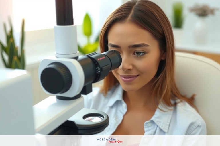 How Much Is Laser Eye Surgery Czech Republic The image shows a woman sitting down, focusing on something in front of her. She appears to be wearing a white top with a collar and there is a blurred background that suggests an indoor setting possibly a doctor's office or clinic due to the presence of what looks like an eye examination machine.