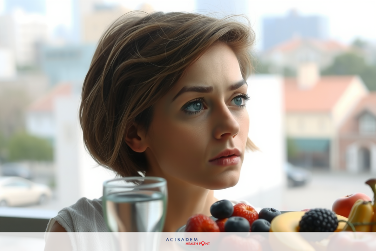 Can Dry Eye Cause Blurry Vision After LASIK? A woman with short hair, wearing a grey shirt, is seated at a table indoors. Her expression is neutral. The table in front of her holds various fruits like bananas and berries.