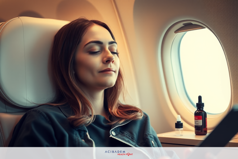 The image shows a woman in an airplane seat. She is resting with her eyes closed, possibly sleeping or enjoying the peacefulness of the flight. The airplane environment suggests she is traveling for personal or professional reasons.