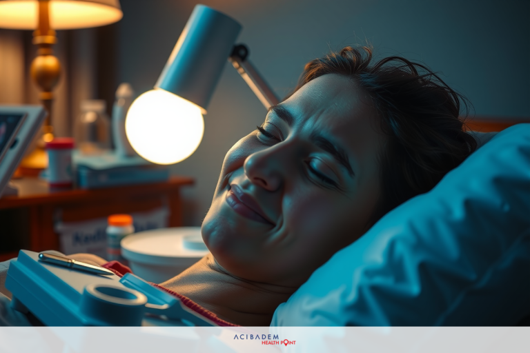 A woman lying down in a hospital bed, smiling at the camera. She is connected to various medical equipment. The environment suggests she may be receiving medical treatment or monitoring.