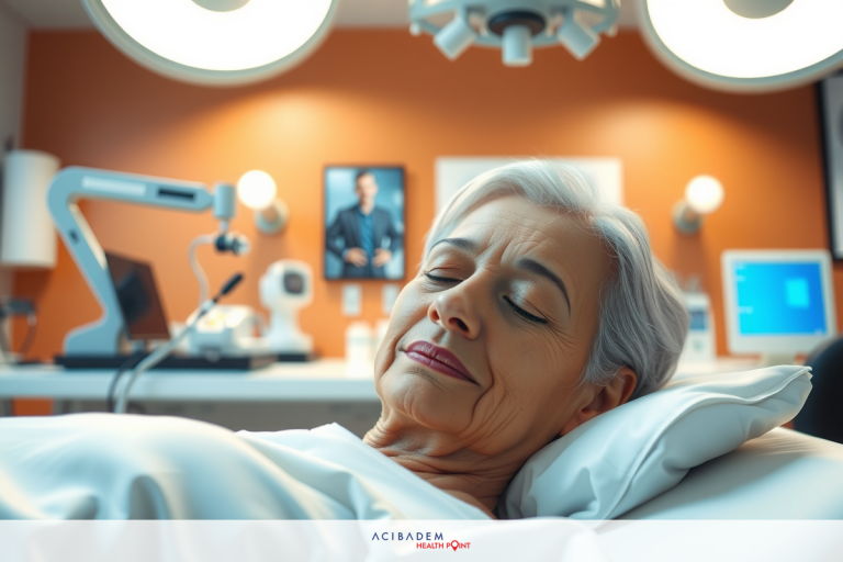 How Long to Recover After Laser Eye Surgery The image features a senior woman lying in a hospital bed, presumably for medical treatment. She appears calm and relaxed with her eyes closed.