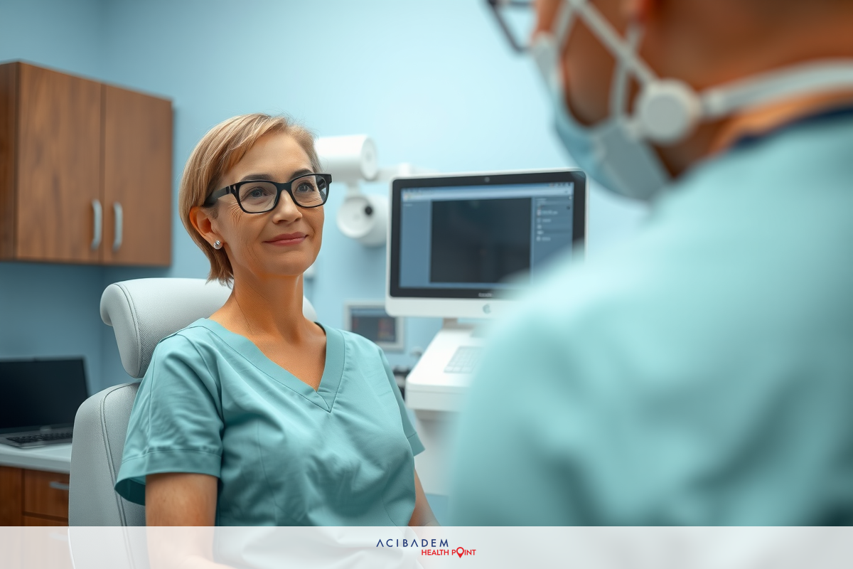 A doctor's office setting is featured, with an adult woman in scrubs sitting in a medical clinic chair. Standing next to her is another person in medical equipment, possibly a physician assistant. In the background are typical clinic equipment and a monitor.