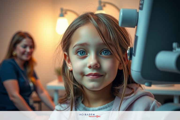 The image depicts a young girl with big blue eyes seated and looking up. She appears to be in a medical office, as indicated by the presence of an instrument with a light source and a person standing behind her who seems to be a professional attendant.
