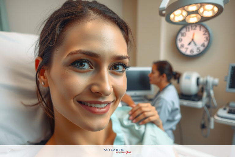 A woman smiling in a medical setting, wearing a gown. The environment includes medical equipment and personnel behind her.
