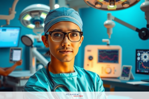 The image shows a male medical professional dressed in scrubs, standing in an operating room. He is wearing eyeglasses and has short hair. The environment is equipped with advanced medical technology such as monitors and medical devices that are typical of a modern healthcare facility.