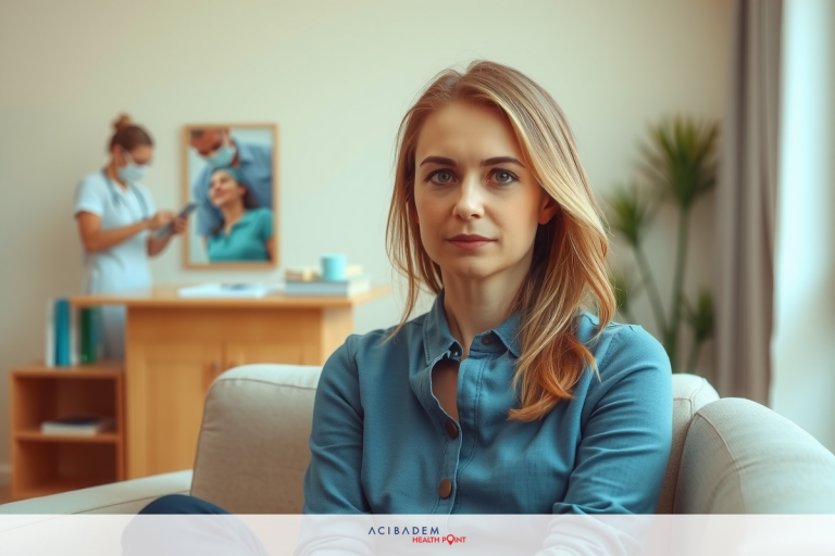 This is a photo of a young woman sitting on a white couch in a living room. She has her legs crossed and appears to be deep in thought or concerned about something.