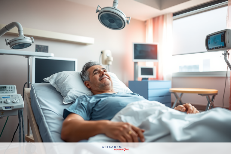 How to Remove Eyelash from Eye After LASIK The image shows a person lying on a hospital bed. They appear to be resting or possibly undergoing medical treatment. Various pieces of medical equipment surround the patient, including monitors and intravenous (IV) drip stands. The environment suggests a modern, well-equipped medical facility with a focus on patient care.