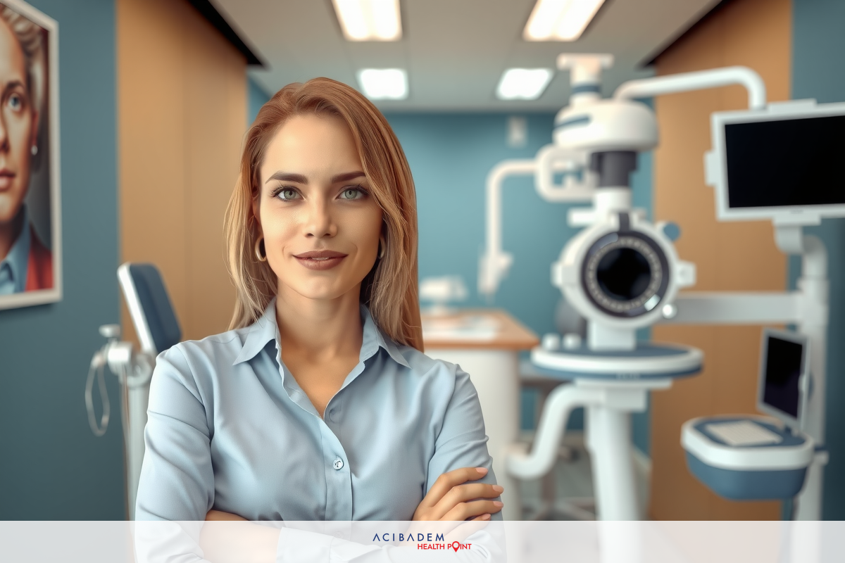A professional medical office featuring a woman in a blue suit standing confidently. The environment is modern with a sleek design, emphasizing cleanliness and technological advancements.