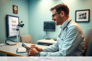 Image shows a man, possibly a doctor, sitting at a desk with digital equipment. He is looking at his phone while holding what appears to be an device. The setting suggests a professional environment such as an office or clinic.