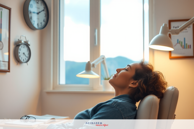 Does Laser Eye Surgery Correct Farsightedness? The image shows a woman seated in an office chair with her eyes closed, appearing to be resting or taking a break. The environment suggests a professional setting such as an office or workspace, indicated by items like a desk, lamp, and clock on the wall. There is a sense of calmness and relaxation conveyed through the woman's posture and the overall atmosphere.