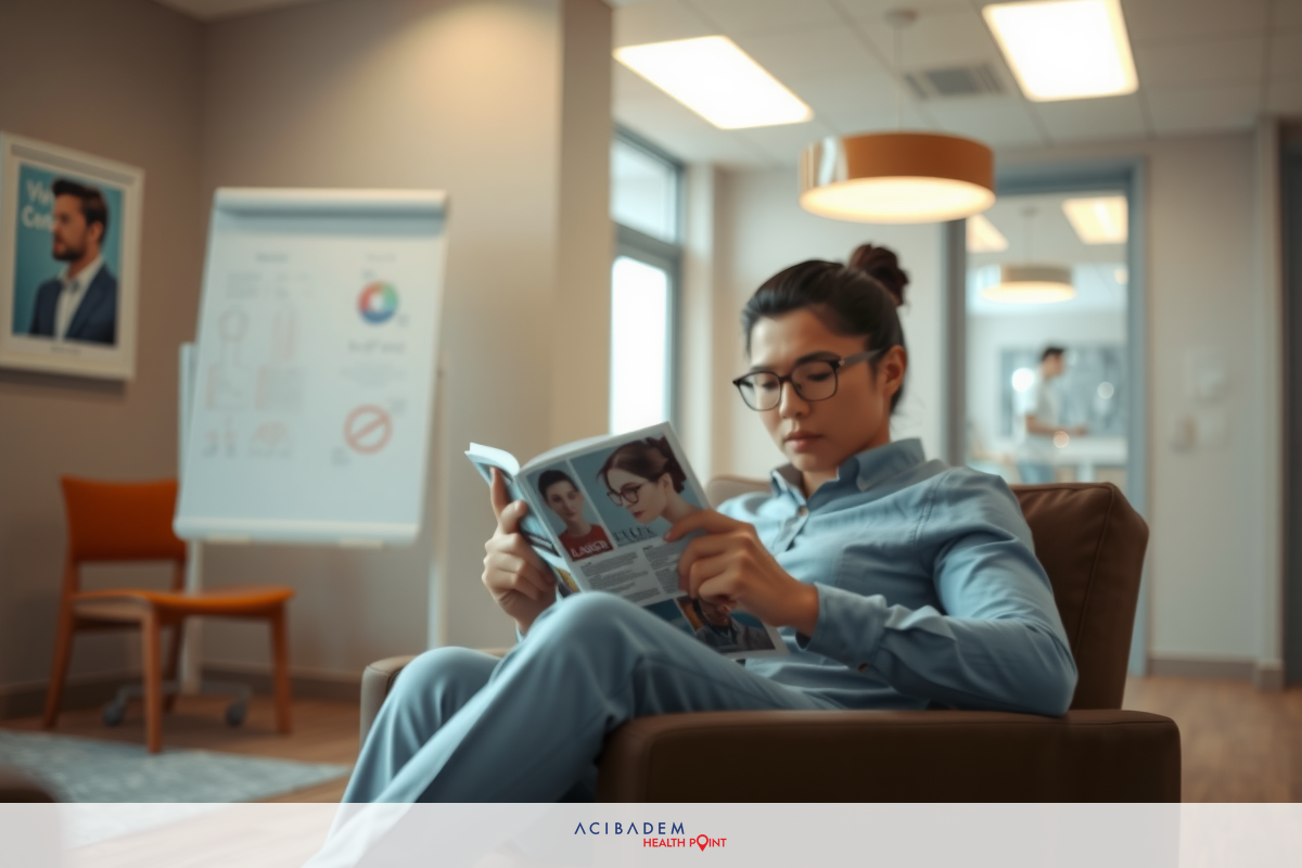A man in a hospital-like uniform is sitting on a chair, reading a magazine. The room has a modern, minimalist design with neutral colors and some medical posters or charts.