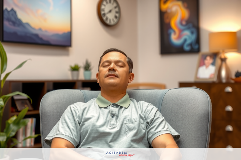 The image shows a man sitting in an office chair with his eyes closed. He appears relaxed, possibly resting or sleeping. The environment suggests this is an indoor setting with modern furniture and decoration that includes framed artwork on the wall.