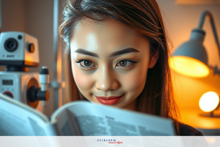 Can LASIK Cause Dry Eye? The image features a young woman engaged in reading, focusing on what appears to be scientific or medical literature. She is wearing makeup with a prominent eyeliner and lipstick, suggesting a professional or academic context.