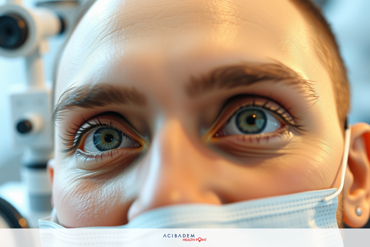 The image shows a person with a medical mask. The individual appears to be undergoing some sort of medical examination or procedure, possibly related to an eye test given the equipment visible in the background.