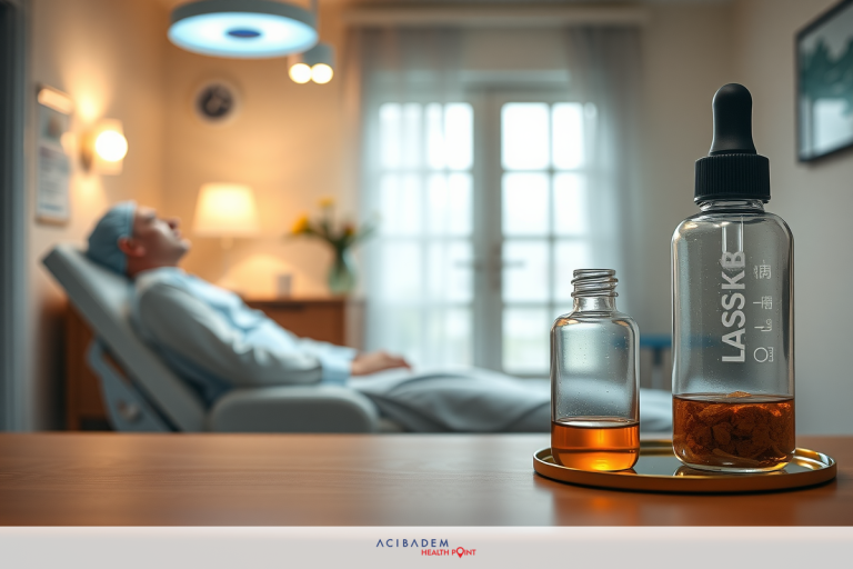 Image of hospital setting with patient lying down, medical bottle on table beside bed. Patient appears to be under sedation for medical procedure.
