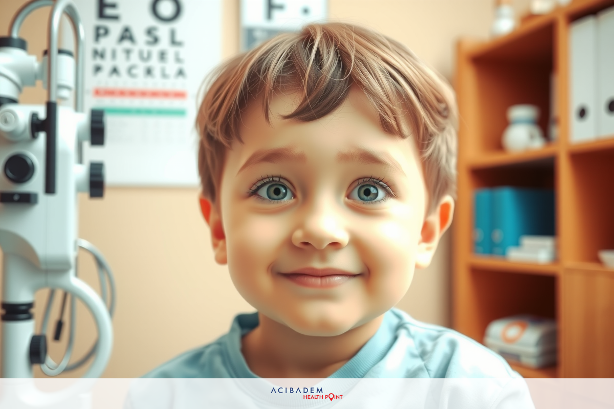 The image shows a young child with bright blue eyes, sitting in an office environment. The child is wearing a light blue top. Behind him, there's medical equipment, including an ophthalmic instrument, suggesting he may be at an eye examination.
