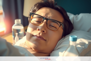 In the image, a young man is lying in bed, seemingly under the weather as indicated by his closed eyes. He's dressed casually in glasses and t-shirt.