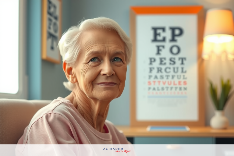 The image features an elderly woman seated in a living room. She is wearing a pink top and her expression seems contemplative. Behind her, there's a large poster with words indicating it's related to an eye examination or vision care. The environment suggests a comfortable indoor space.