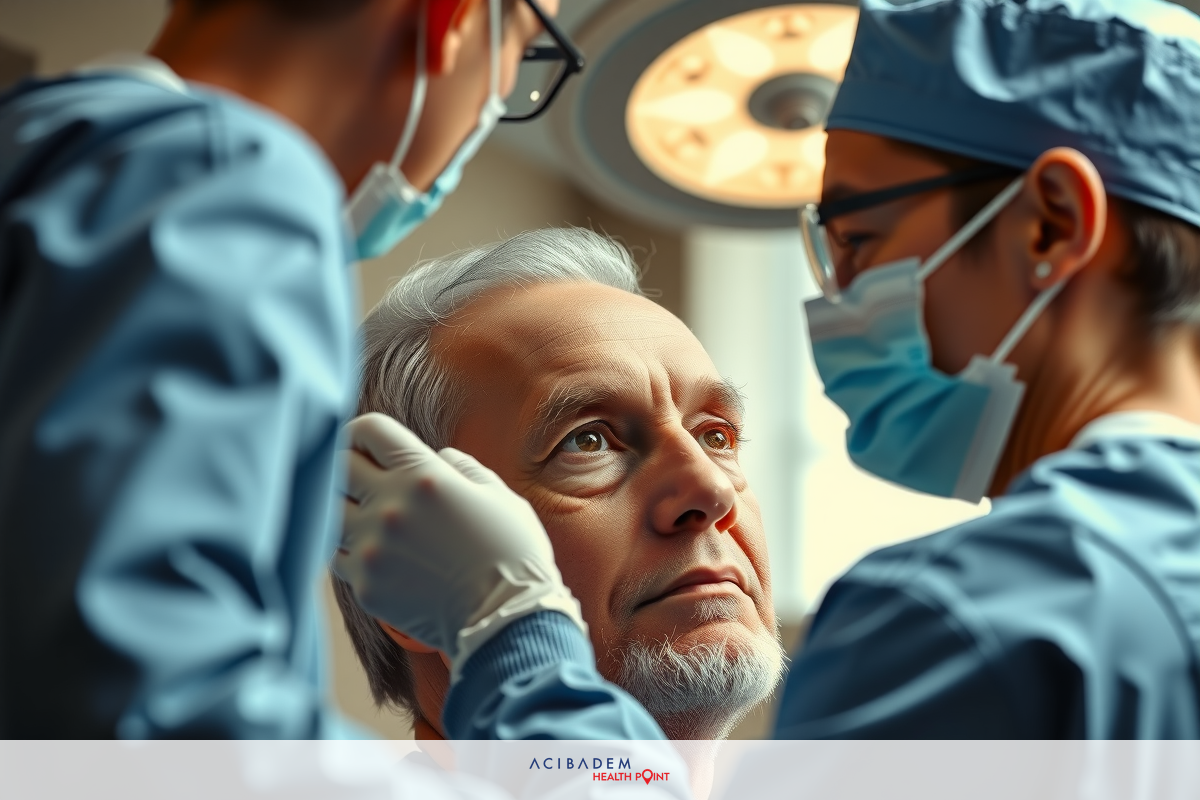 Surgical scene with medical professionals wearing face masks and gowns. The patient is being attended to by the team in an operating room.