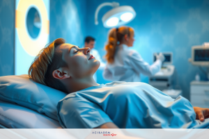 In the image, a patient is lying in a hospital bed under medical examination. The patient's head is turned to the side, with eyes closed, suggesting relaxation. Two healthcare professionals stand at either end of the bed.