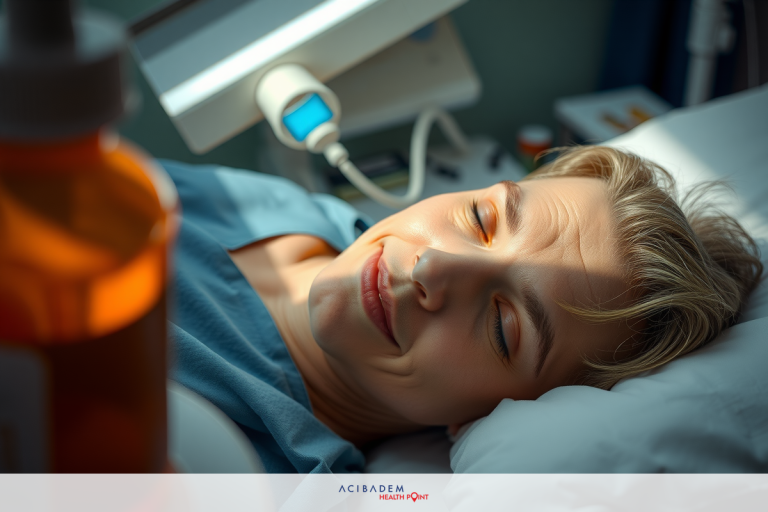 Is Laser Eye Surgery Painful After? A woman lying in a hospital bed, with blurred background of medical equipment. She is wearing a blue outfit and appears to be taking medicine.