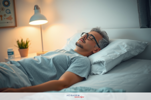 The image shows a man lying in bed. He is wearing glasses and appears to be resting or possibly ill, as suggested by his closed eyes and relaxed posture. The room has a warm ambiance with soft lighting, and the man's expression seems serene. The bedding is comfortable and inviting.