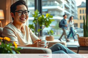 The image shows a man seated comfortably on a couch in an indoor living space. He is smiling and appears to be relaxed, holding a coffee cup in his hand.