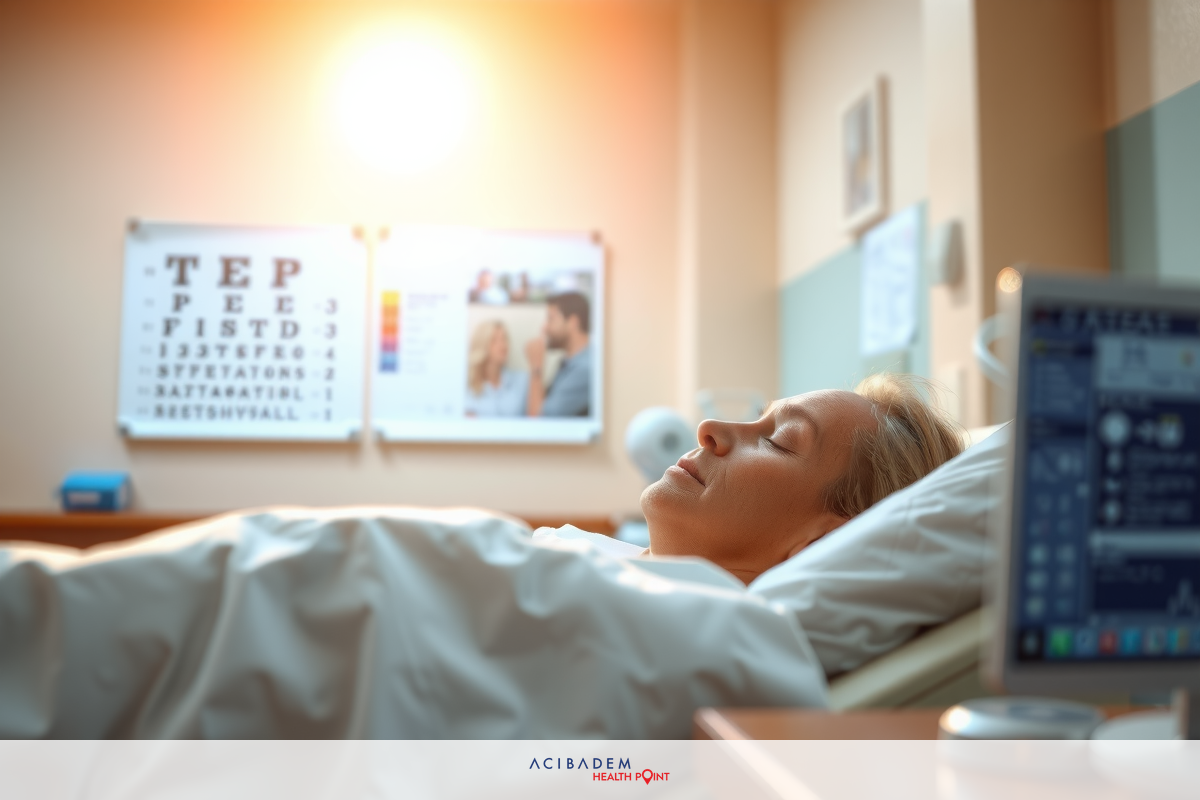 The image depicts an indoor medical setting, possibly a hospital or clinic. The central focus is on the upper body of a patient who appears to be resting on a bed with pillows and blankets.