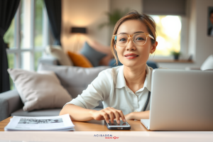 The image features a woman engaged in work at her desk. She is wearing glasses, has dark hair pulled back into a bun, and is dressed in smart casual attire with a white shirt.
