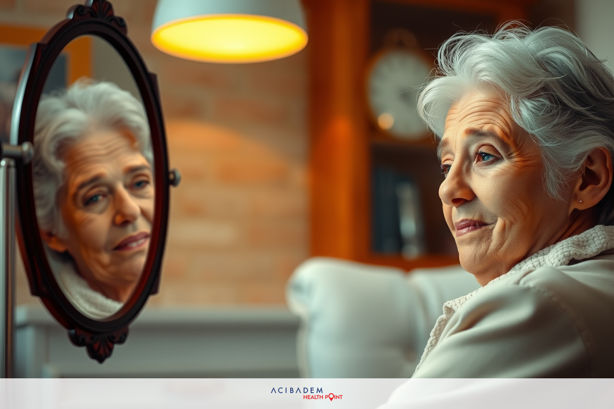 Woman looking at mirror, grey hair, wrinkles, makeup station. Reflection of elderly woman in mirror wearing makeup.