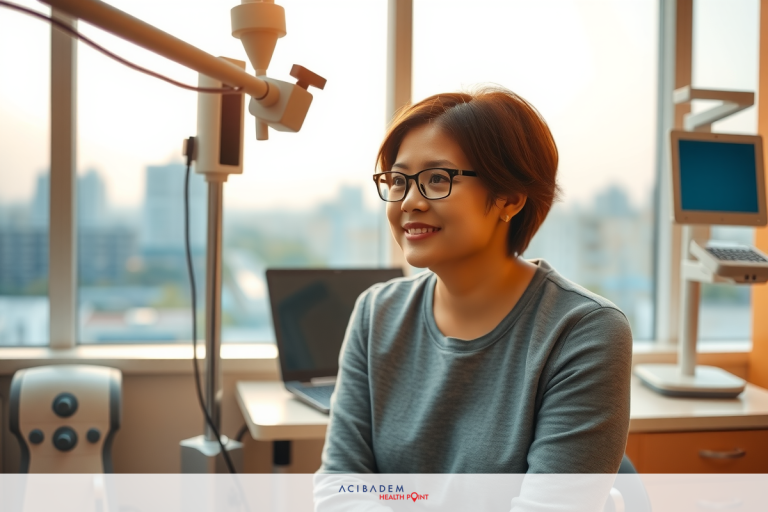 The image depicts a professional indoor setting, likely an office or clinic. In the foreground, there is a woman who appears to be patiently waiting with a smile on her face. She has short dark hair and is wearing glasses.