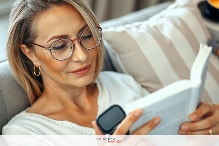 A woman wearing glasses is comfortably seated with a book in her hands, engrossed in reading. The environment appears cozy and relaxed, typical of leisurely reading sessions at home.