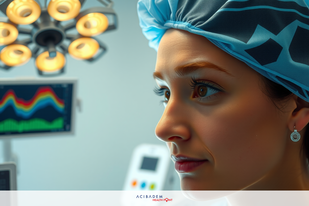 The image shows a woman wearing medical scrubs and a surgical face mask, focused on a computer screen with graphs. She appears to be in a hospital or medical setting.