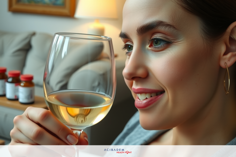 A woman is enjoying a glass of white wine indoors. She's holding the wine glass up to her face, possibly sniffing or tasting the wine.