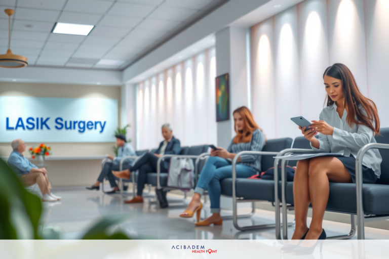A waiting room scene with a woman looking at her phone and people seated around. The walls are clean, there's a potted plant, and the sign indicates it's 'LASIK SURGERY'.