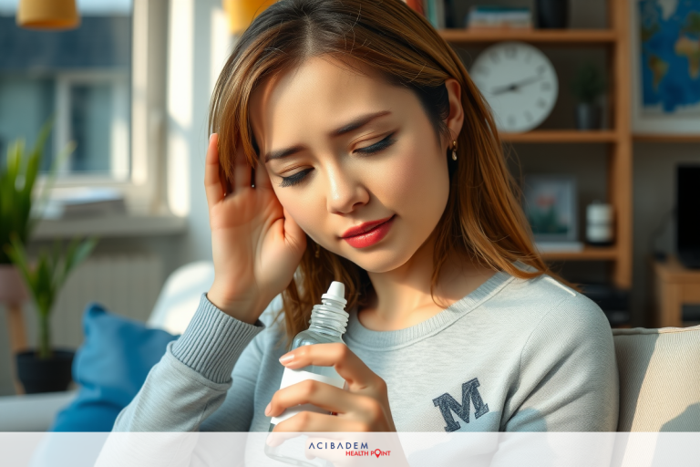 How to Relieve Dry Eyes After LASIK The image is a photograph of a young woman indoors, looking down at her hand holding a small bottle of liquid. She appears to be in a contemplative or concerned mood. There is natural light coming from the window in the room. His attire is casual and he is wearing a grey sweater with a logo on it, suggesting that he may be from a certain institution.
