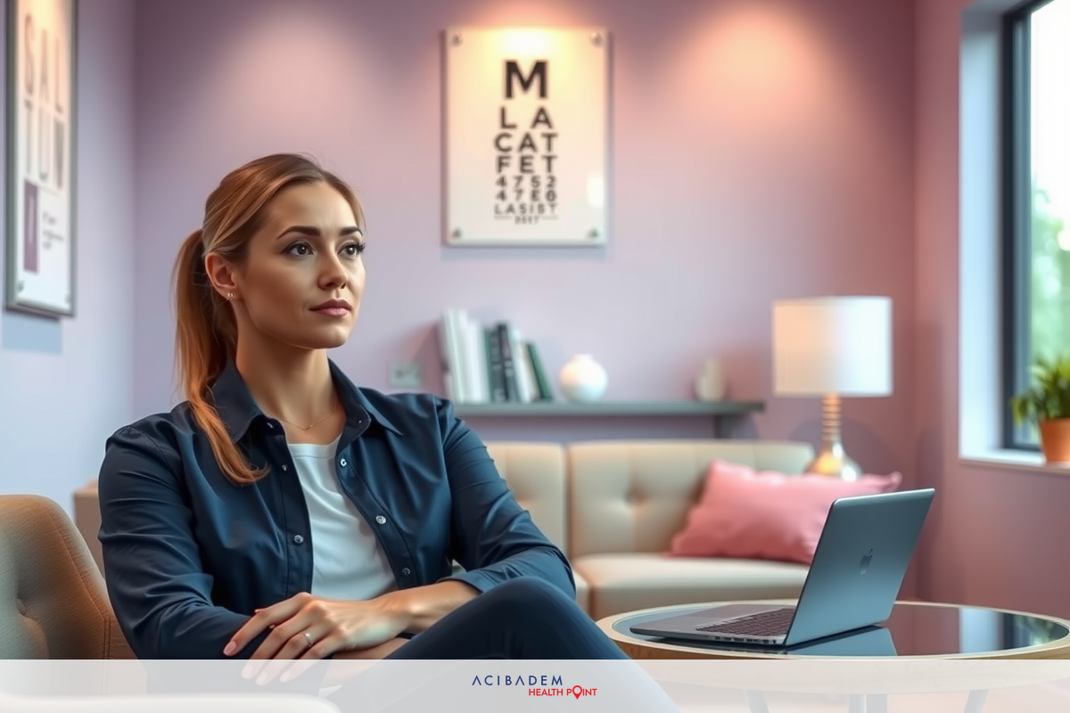 A young woman in a denim shirt sits cross-legged on a couch in an office environment. She is engrossed in her work, using a laptop.