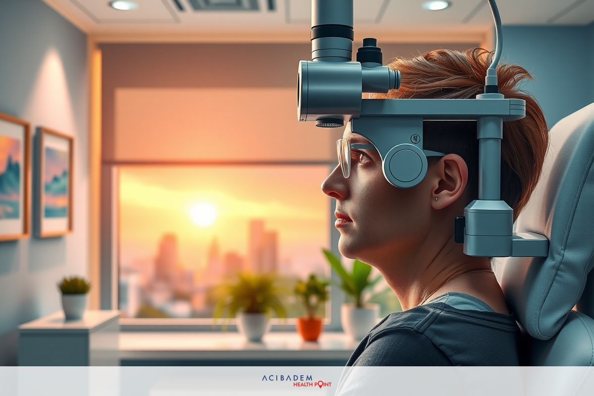 This is a digital image of a person having an eye examination. The individual is seated in front of a modern optometrist's chair with head rest, wearing a specialized device that likely measures visual acuity or gaze tracking.