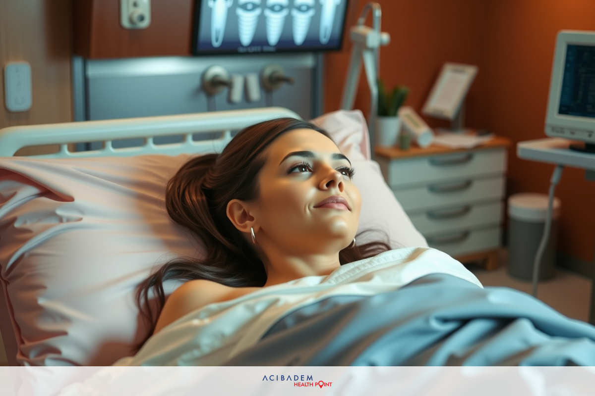 A young woman lying on a hospital bed, smiling at someone outside the frame. The bed is equipped with medical devices.