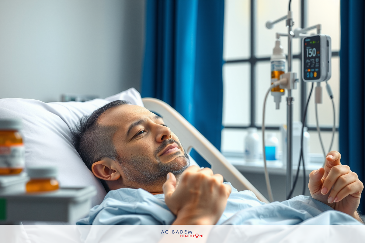 The image shows a man lying in a hospital bed. He appears to be in pain or discomfort, and is holding his stomach. The environment suggests he's receiving medical care as indicated by the medical equipment.