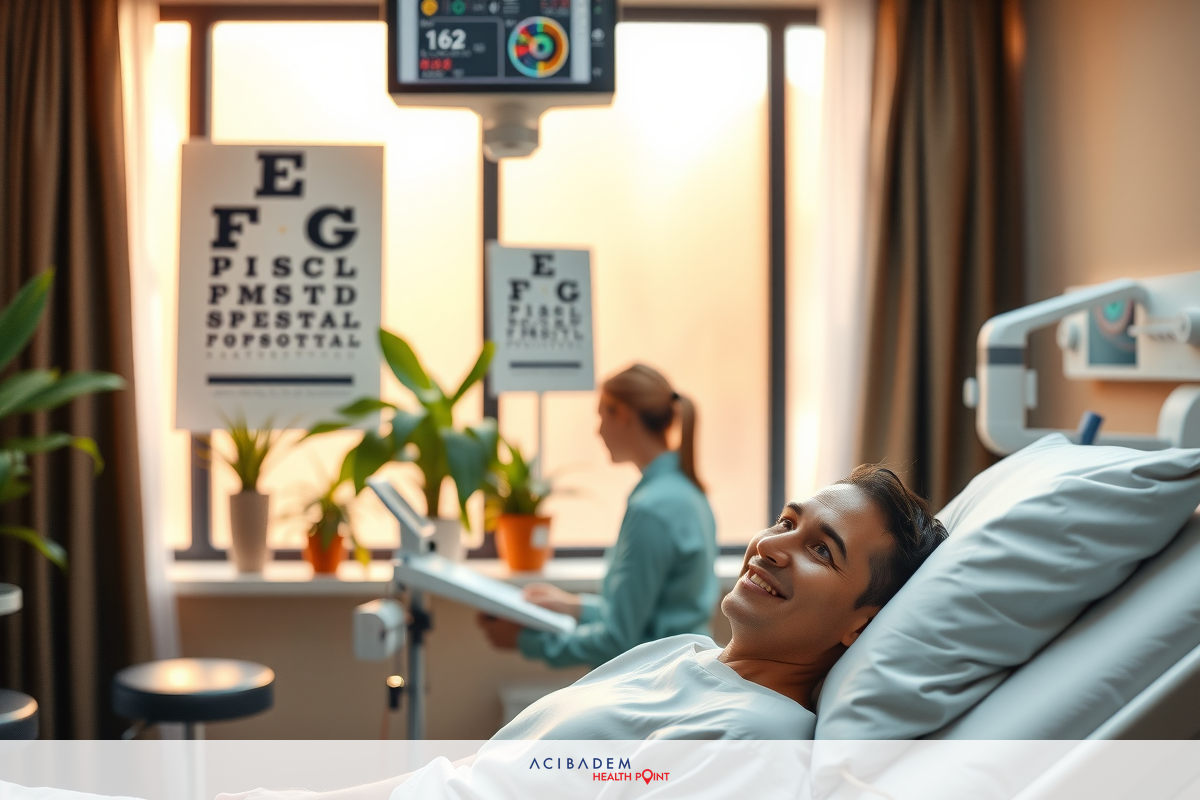 This is a photo depicting an indoor medical setting, with a patient lying in a hospital bed, smiling and looking at the camera, while a healthcare worker stands nearby.
