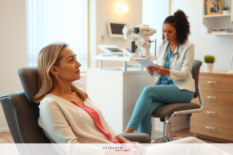 A medical setting with a doctor and a patient. The doctor is seated at a desk holding a clipboard, while the patient sits in an examination chair facing away from the camera.