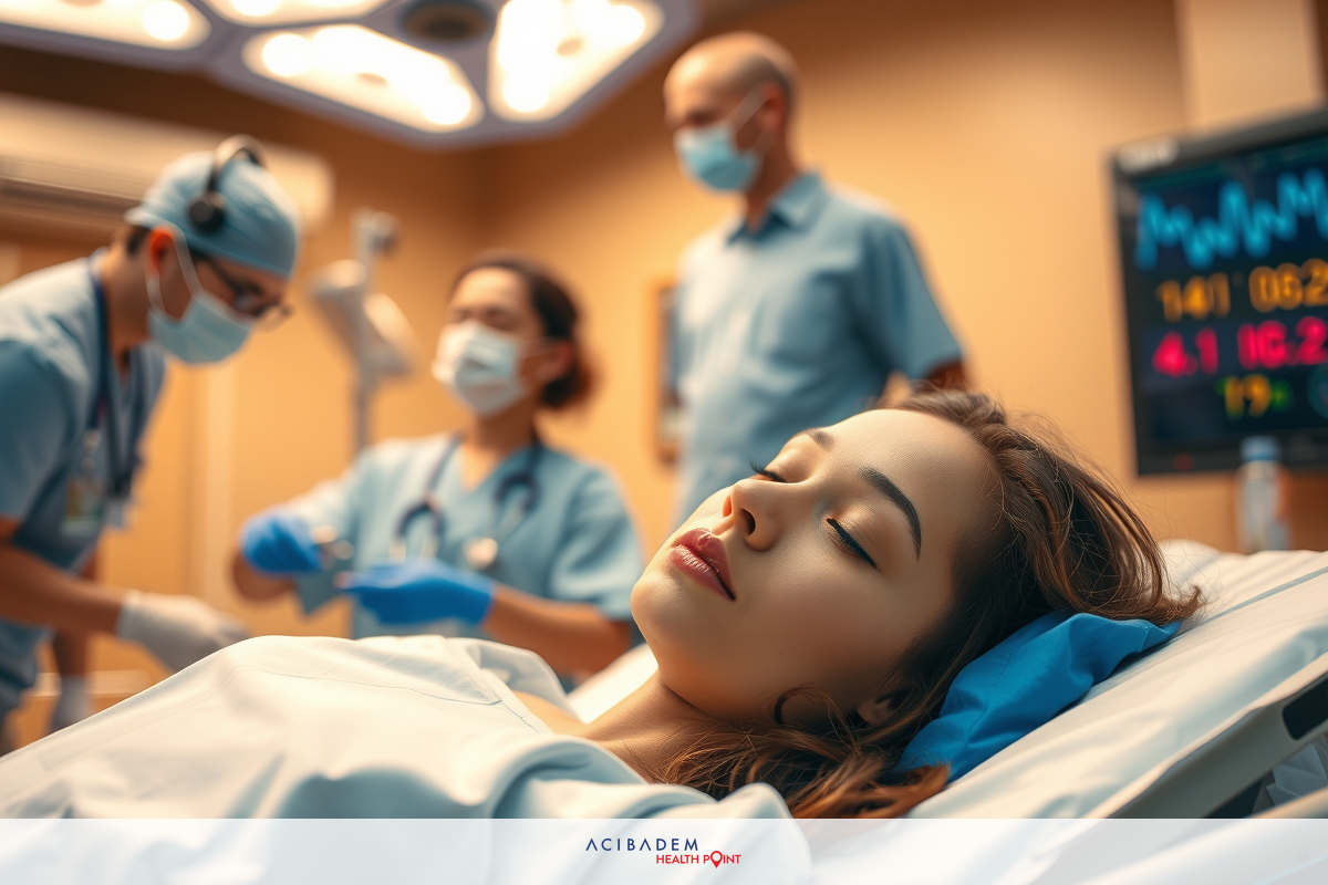 In an indoor medical setting, a woman lies sedated on a hospital bed. Medical staff in protective gear perform procedures around her, emphasizing healthcare and care-giving environments.