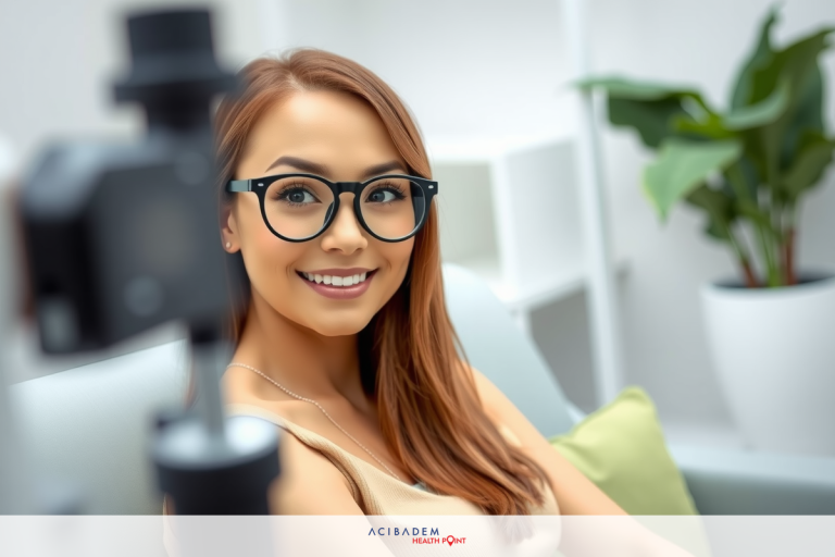 The image shows a smiling woman sitting in what appears to be an office environment. She is wearing black glasses and has light-colored hair.