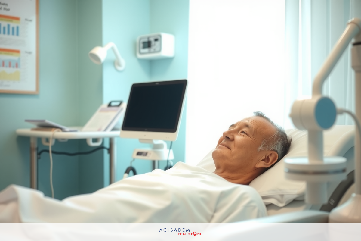 In the image, there is a man lying in a hospital bed. He appears to be an older adult, possibly receiving medical treatment.